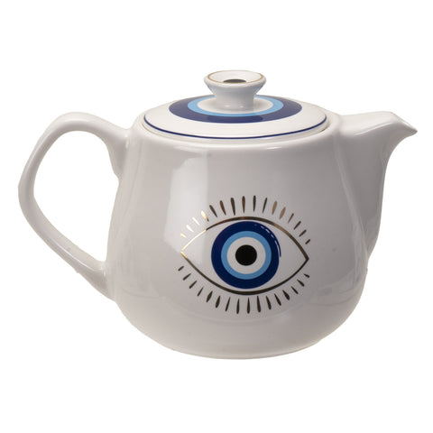 Luxury Bone China Turkish Coffee Warmer Pot with Lid Evil Eye Design (White), 10 oz